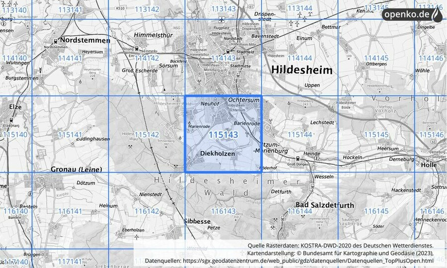 Übersichtskarte des KOSTRA-DWD-2020-Rasterfeldes Nr. 115143