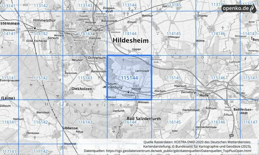 Übersichtskarte des KOSTRA-DWD-2020-Rasterfeldes Nr. 115144