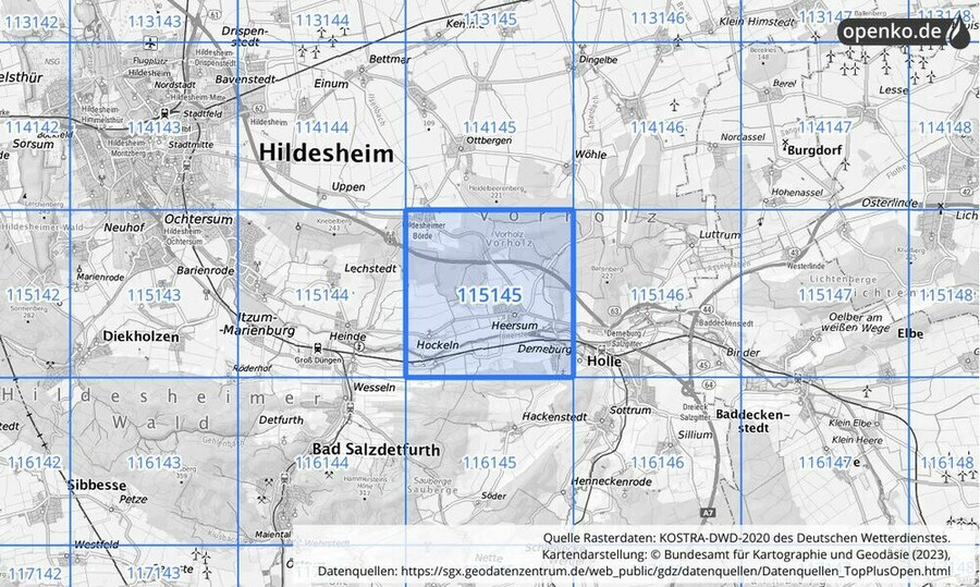 Übersichtskarte des KOSTRA-DWD-2020-Rasterfeldes Nr. 115145