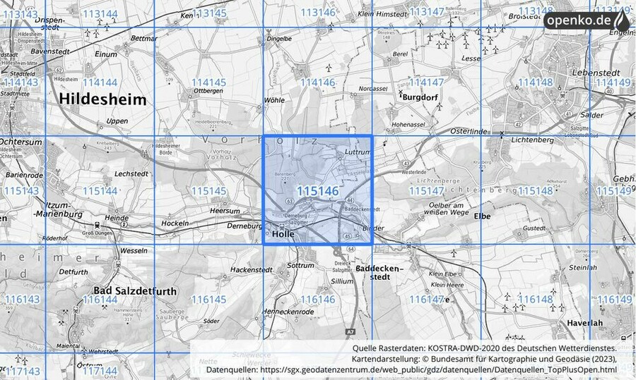 Übersichtskarte des KOSTRA-DWD-2020-Rasterfeldes Nr. 115146