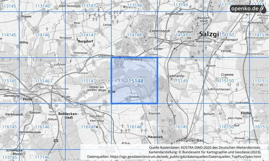 Übersichtskarte des KOSTRA-DWD-2020-Rasterfeldes Nr. 115148