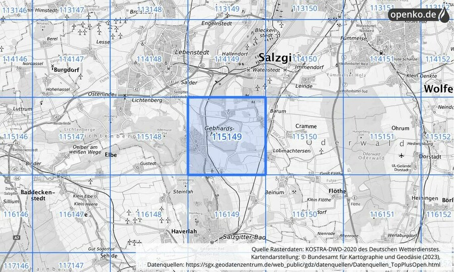 Übersichtskarte des KOSTRA-DWD-2020-Rasterfeldes Nr. 115149