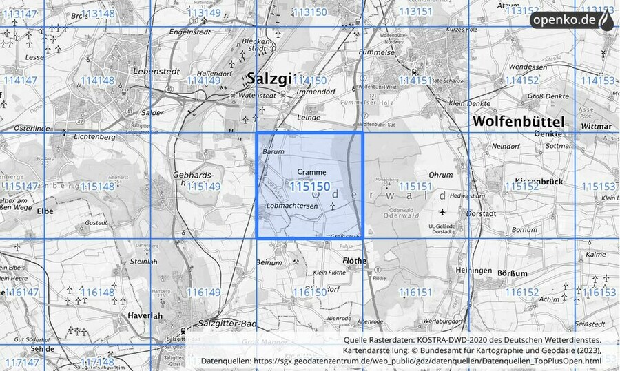 Übersichtskarte des KOSTRA-DWD-2020-Rasterfeldes Nr. 115150