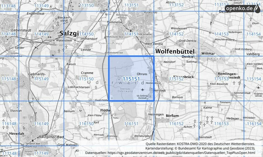 Übersichtskarte des KOSTRA-DWD-2020-Rasterfeldes Nr. 115151