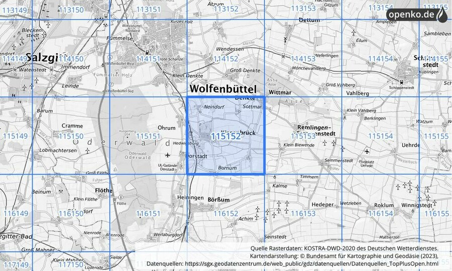 Übersichtskarte des KOSTRA-DWD-2020-Rasterfeldes Nr. 115152