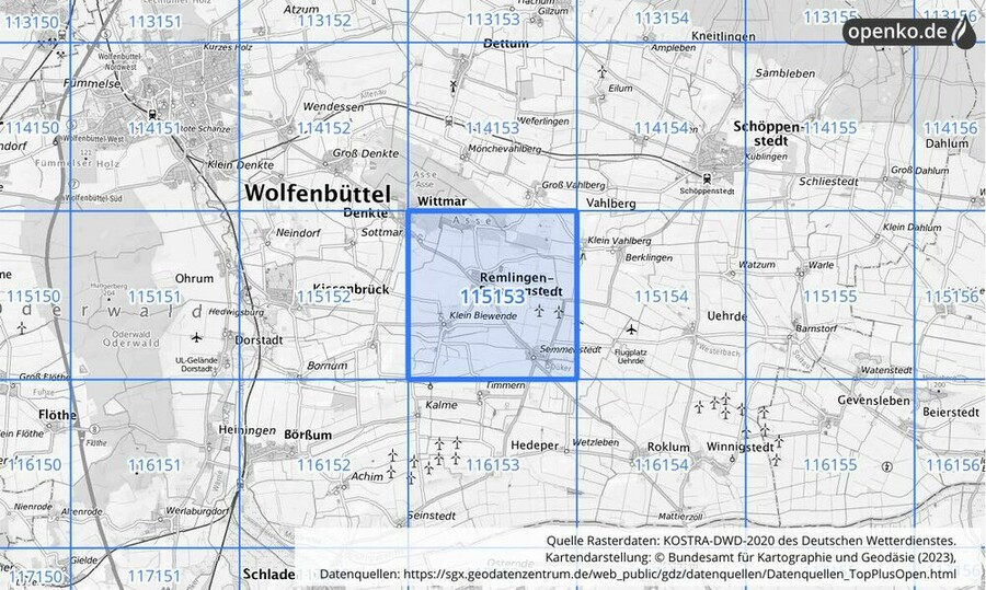 Übersichtskarte des KOSTRA-DWD-2020-Rasterfeldes Nr. 115153