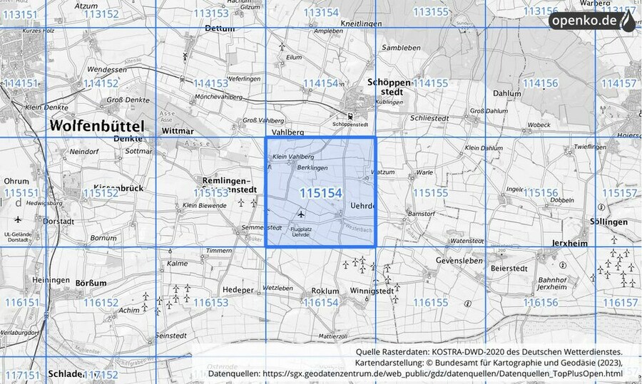 Übersichtskarte des KOSTRA-DWD-2020-Rasterfeldes Nr. 115154