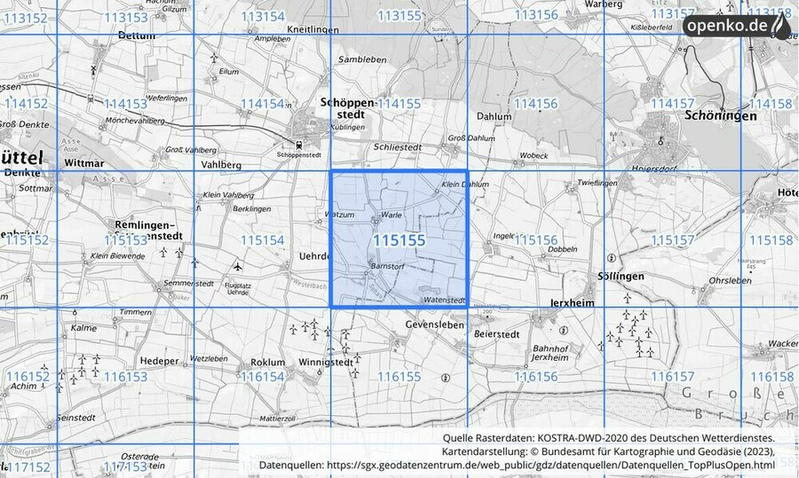 Übersichtskarte des KOSTRA-DWD-2020-Rasterfeldes Nr. 115155