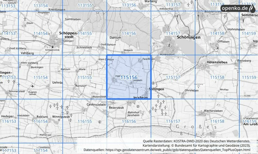 Übersichtskarte des KOSTRA-DWD-2020-Rasterfeldes Nr. 115156