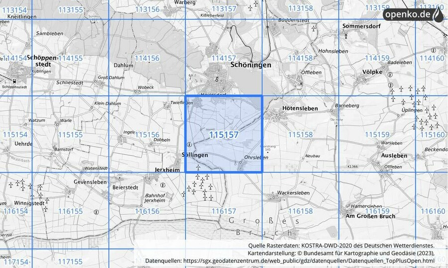 Übersichtskarte des KOSTRA-DWD-2020-Rasterfeldes Nr. 115157