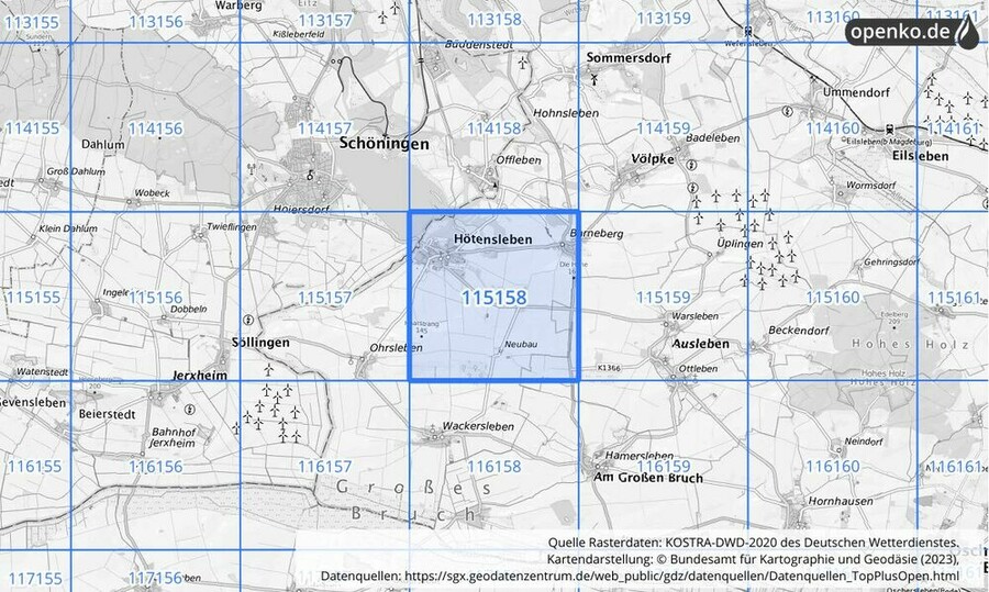 Übersichtskarte des KOSTRA-DWD-2020-Rasterfeldes Nr. 115158