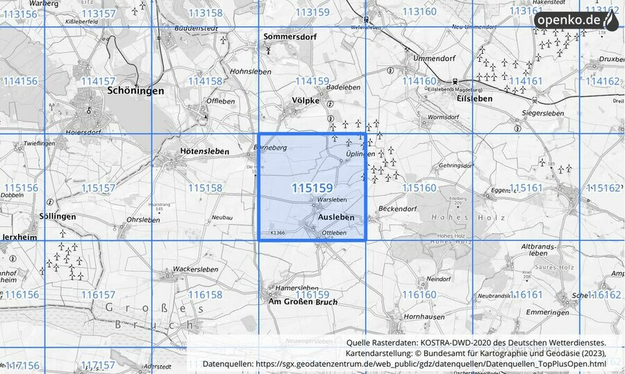 Übersichtskarte des KOSTRA-DWD-2020-Rasterfeldes Nr. 115159