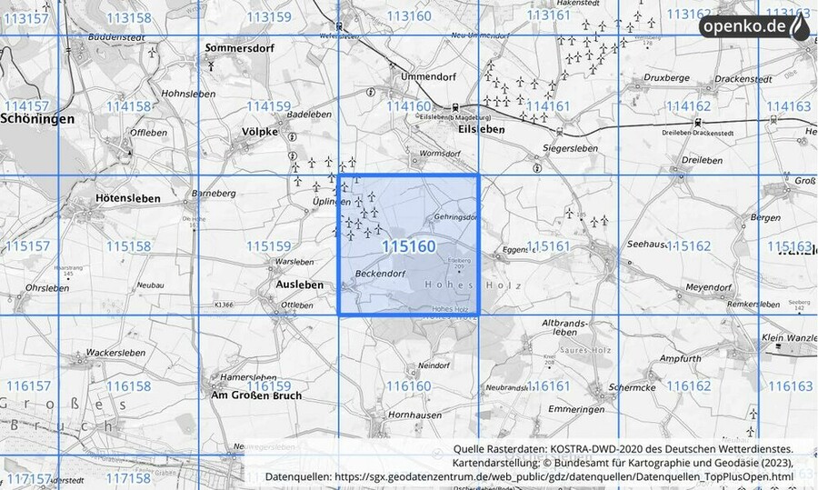 Übersichtskarte des KOSTRA-DWD-2020-Rasterfeldes Nr. 115160