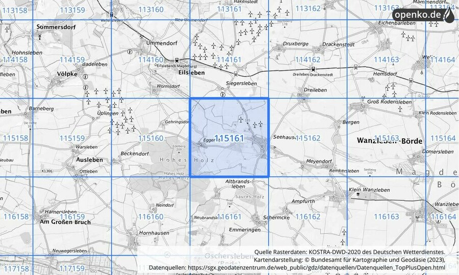 Übersichtskarte des KOSTRA-DWD-2020-Rasterfeldes Nr. 115161