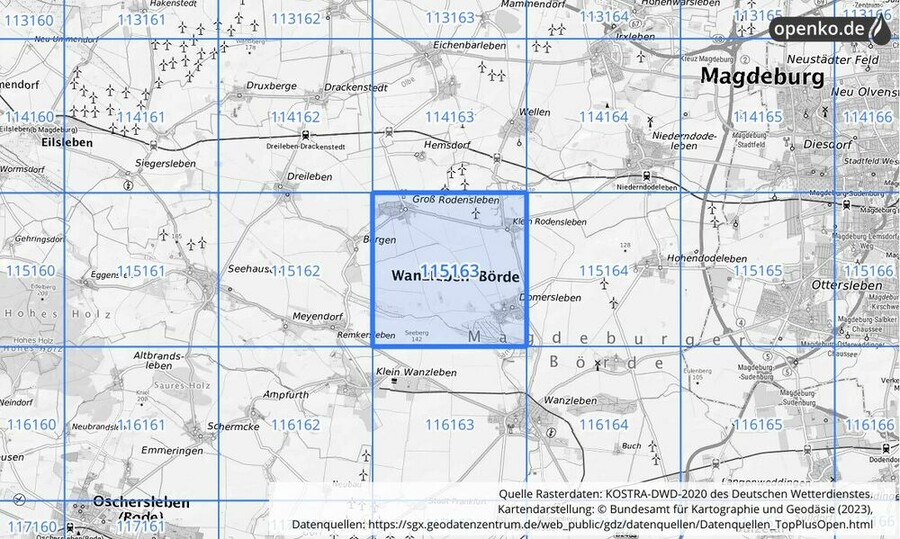 Übersichtskarte des KOSTRA-DWD-2020-Rasterfeldes Nr. 115163