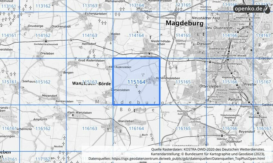 Übersichtskarte des KOSTRA-DWD-2020-Rasterfeldes Nr. 115164