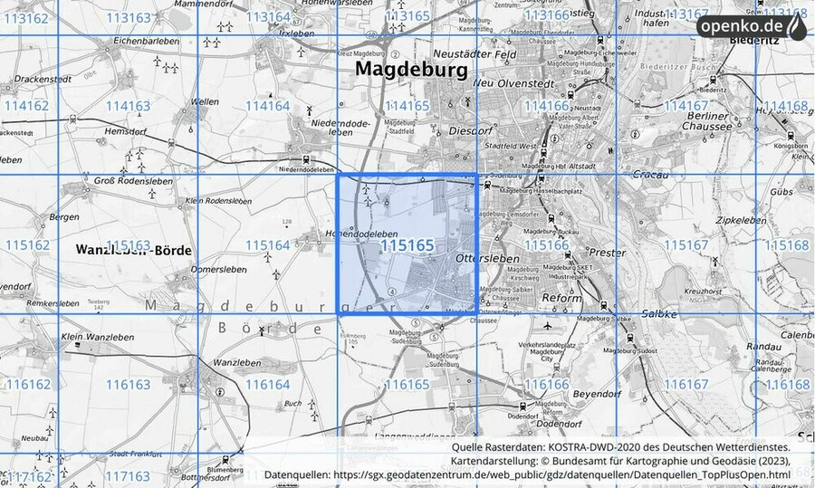 Übersichtskarte des KOSTRA-DWD-2020-Rasterfeldes Nr. 115165