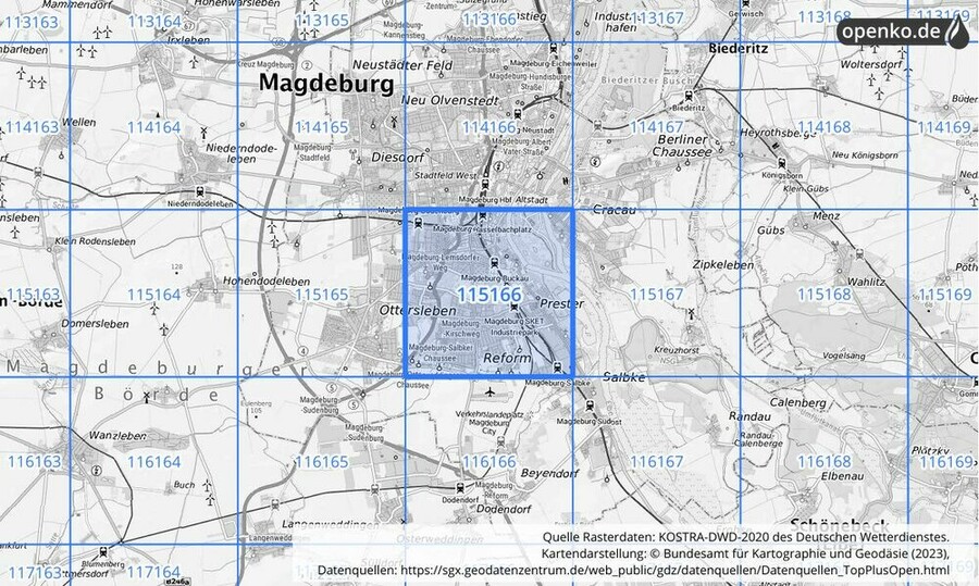 Übersichtskarte des KOSTRA-DWD-2020-Rasterfeldes Nr. 115166