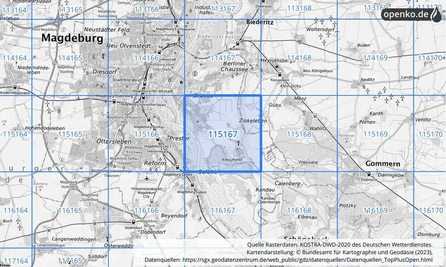 Übersichtskarte des KOSTRA-DWD-2020-Rasterfeldes Nr. 115167