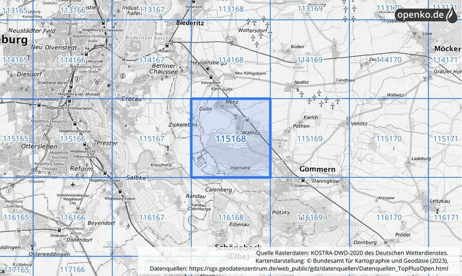 Übersichtskarte des KOSTRA-DWD-2020-Rasterfeldes Nr. 115168