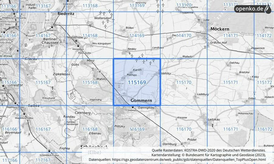 Übersichtskarte des KOSTRA-DWD-2020-Rasterfeldes Nr. 115169