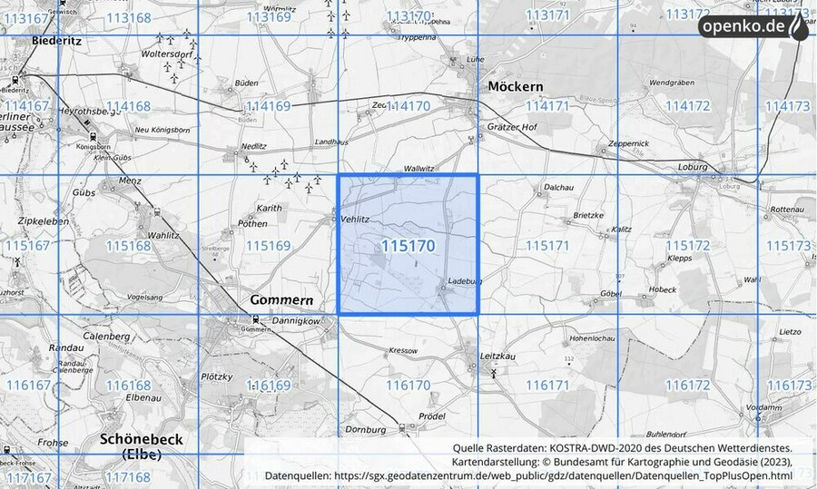 Übersichtskarte des KOSTRA-DWD-2020-Rasterfeldes Nr. 115170