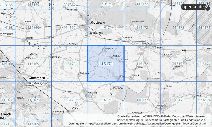 Übersichtskarte des KOSTRA-DWD-2020-Rasterfeldes Nr. 115171