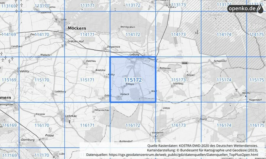 Übersichtskarte des KOSTRA-DWD-2020-Rasterfeldes Nr. 115172