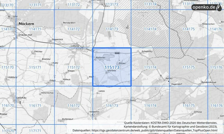 Übersichtskarte des KOSTRA-DWD-2020-Rasterfeldes Nr. 115173