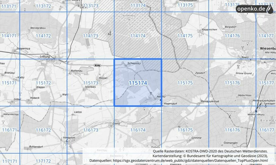 Übersichtskarte des KOSTRA-DWD-2020-Rasterfeldes Nr. 115174