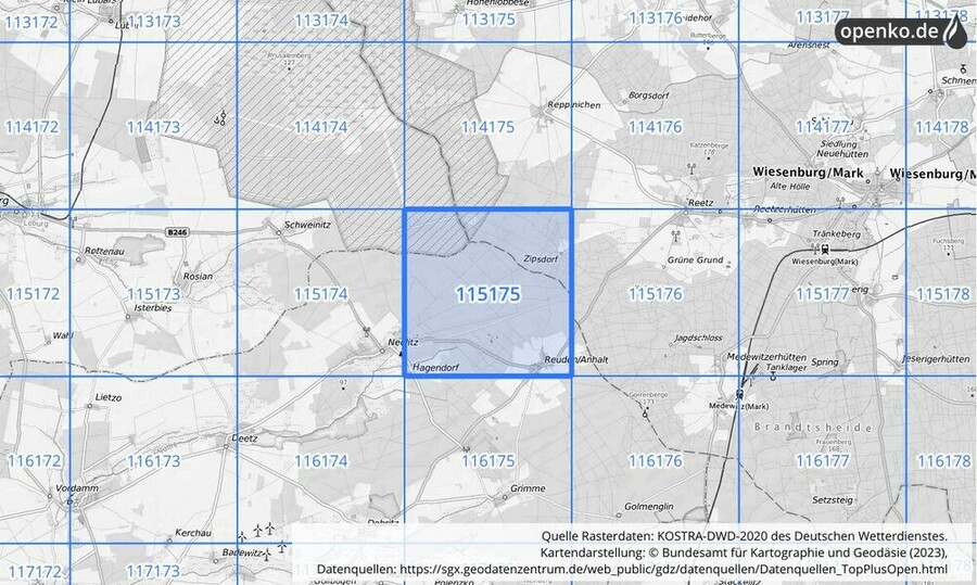 Übersichtskarte des KOSTRA-DWD-2020-Rasterfeldes Nr. 115175