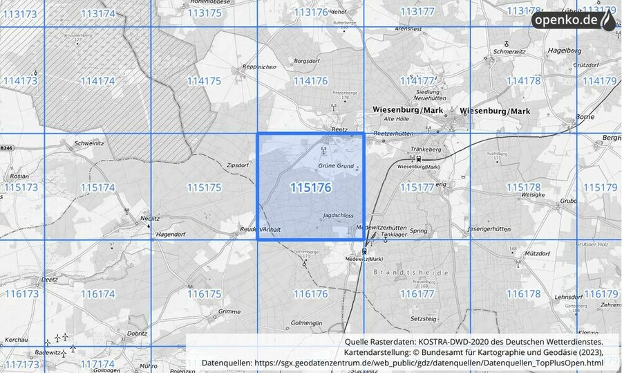 Übersichtskarte des KOSTRA-DWD-2020-Rasterfeldes Nr. 115176