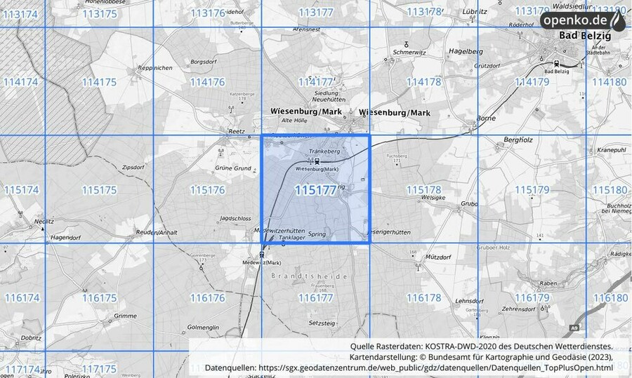 Übersichtskarte des KOSTRA-DWD-2020-Rasterfeldes Nr. 115177