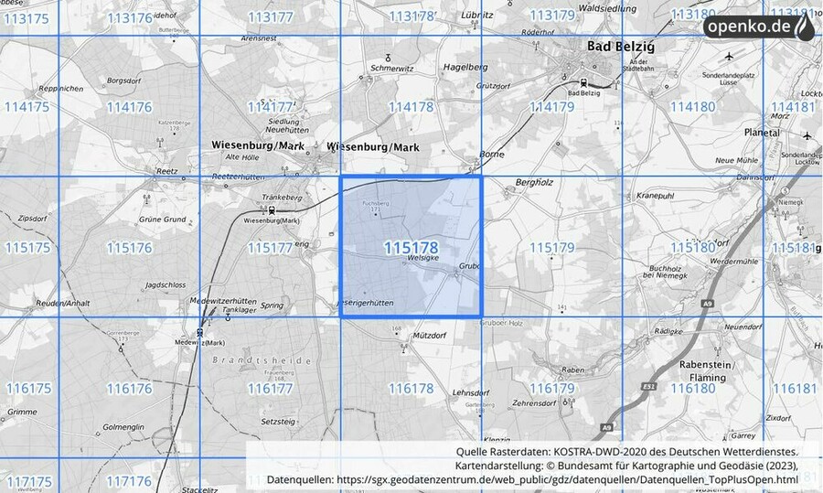 Übersichtskarte des KOSTRA-DWD-2020-Rasterfeldes Nr. 115178