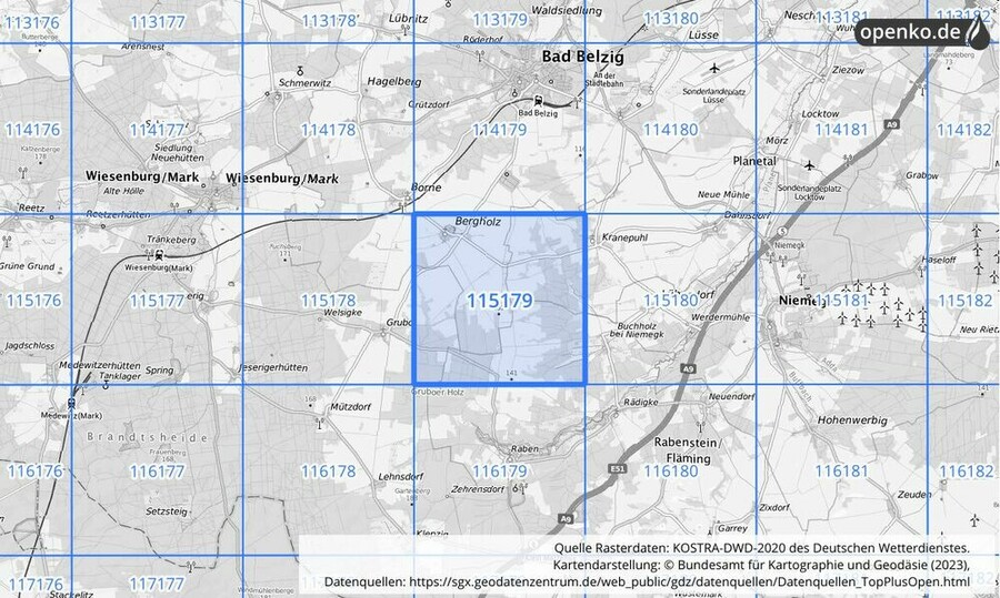 Übersichtskarte des KOSTRA-DWD-2020-Rasterfeldes Nr. 115179