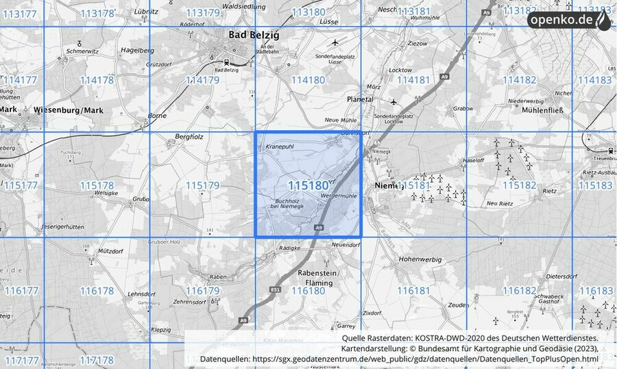 Übersichtskarte des KOSTRA-DWD-2020-Rasterfeldes Nr. 115180