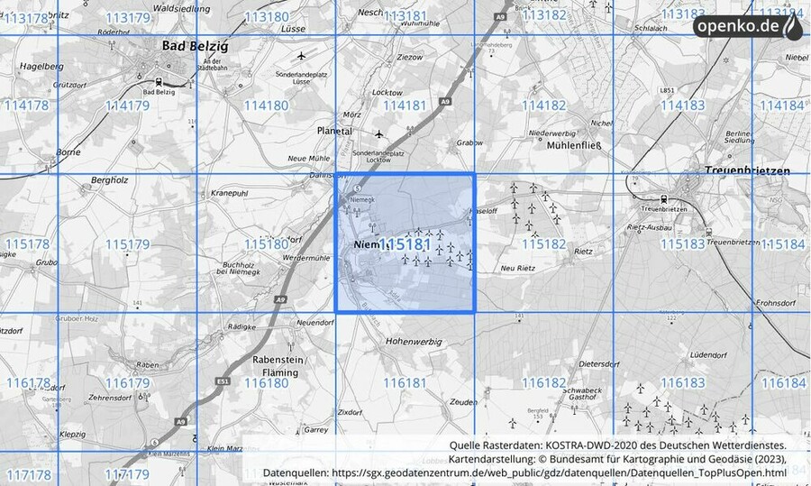 Übersichtskarte des KOSTRA-DWD-2020-Rasterfeldes Nr. 115181