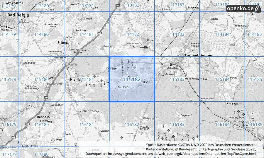 Übersichtskarte des KOSTRA-DWD-2020-Rasterfeldes Nr. 115182