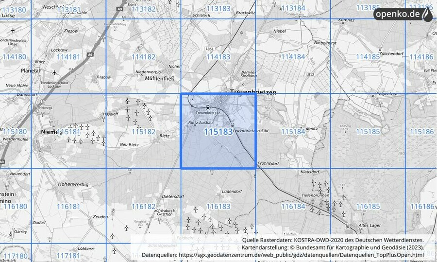 Übersichtskarte des KOSTRA-DWD-2020-Rasterfeldes Nr. 115183