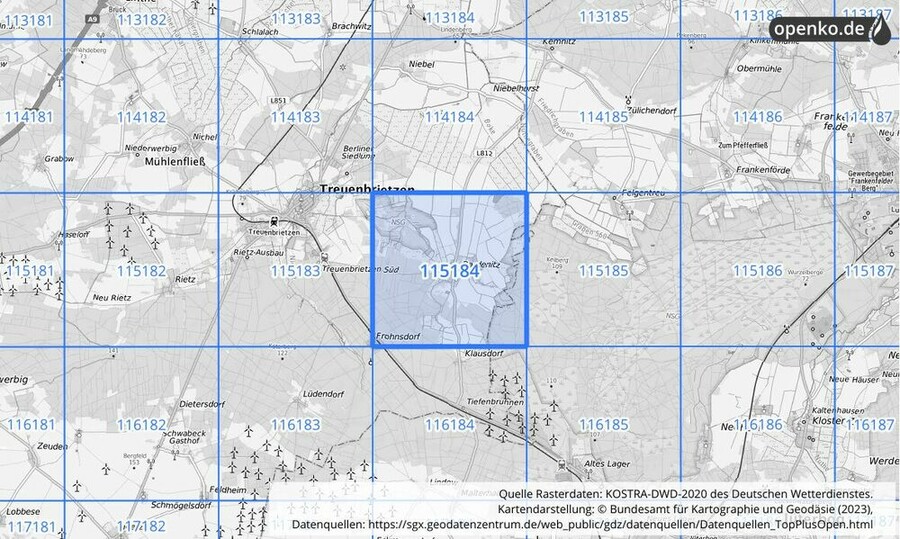 Übersichtskarte des KOSTRA-DWD-2020-Rasterfeldes Nr. 115184