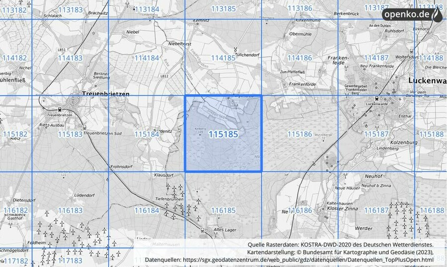 Übersichtskarte des KOSTRA-DWD-2020-Rasterfeldes Nr. 115185