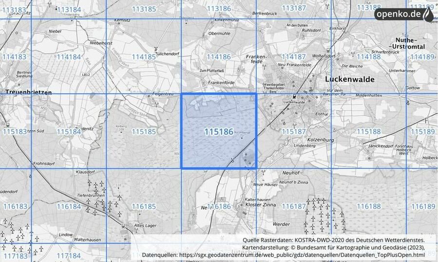 Übersichtskarte des KOSTRA-DWD-2020-Rasterfeldes Nr. 115186