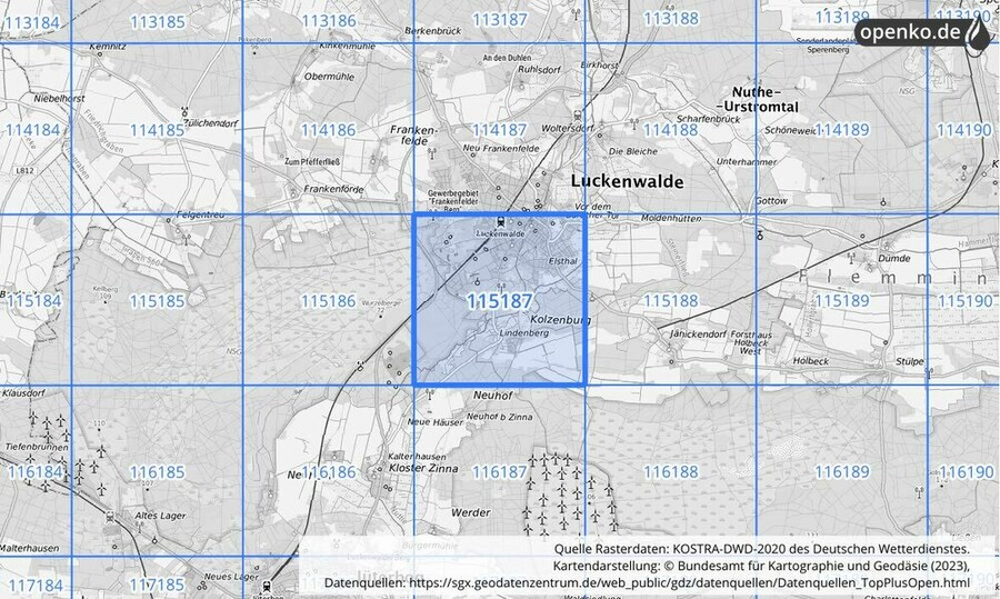 Übersichtskarte des KOSTRA-DWD-2020-Rasterfeldes Nr. 115187