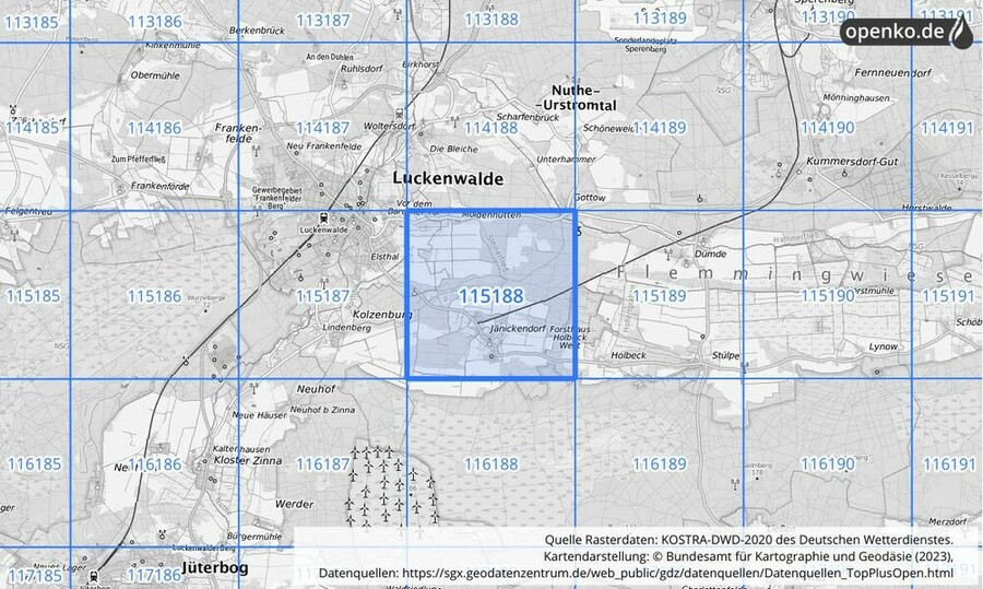 Übersichtskarte des KOSTRA-DWD-2020-Rasterfeldes Nr. 115188