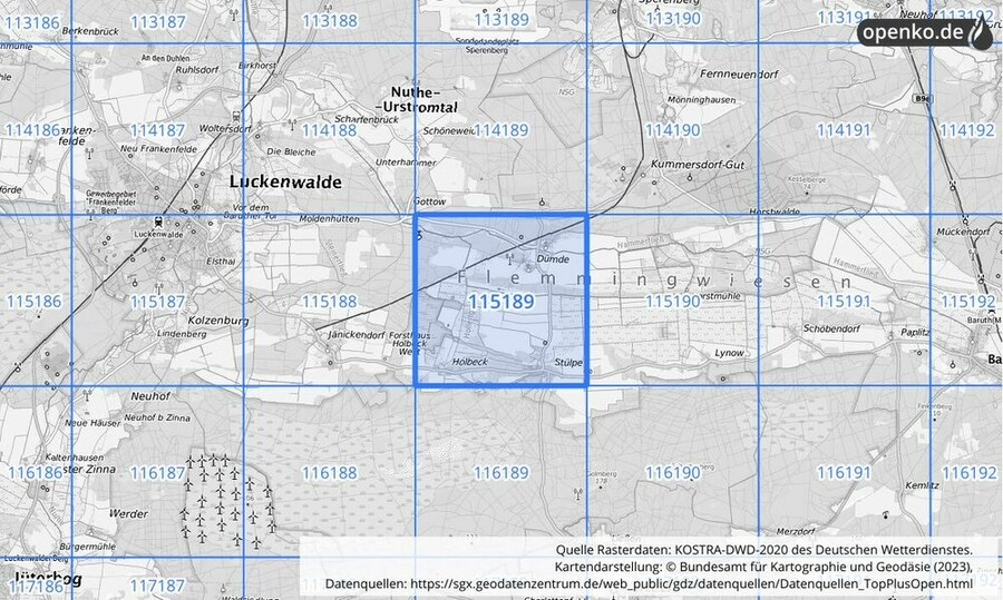 Übersichtskarte des KOSTRA-DWD-2020-Rasterfeldes Nr. 115189