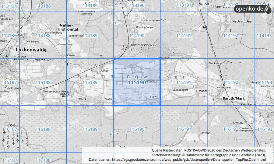 Übersichtskarte des KOSTRA-DWD-2020-Rasterfeldes Nr. 115190