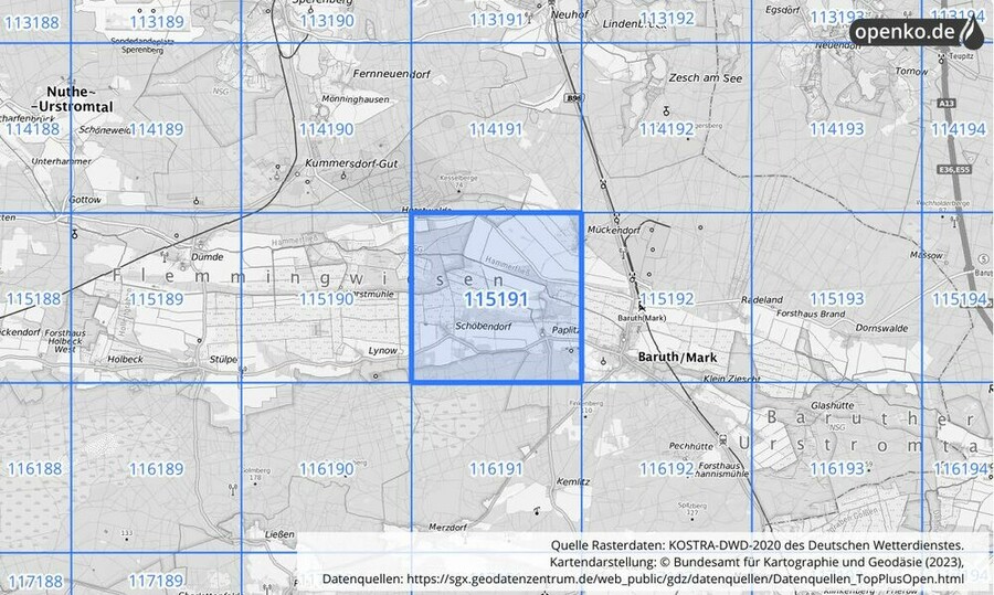 Übersichtskarte des KOSTRA-DWD-2020-Rasterfeldes Nr. 115191