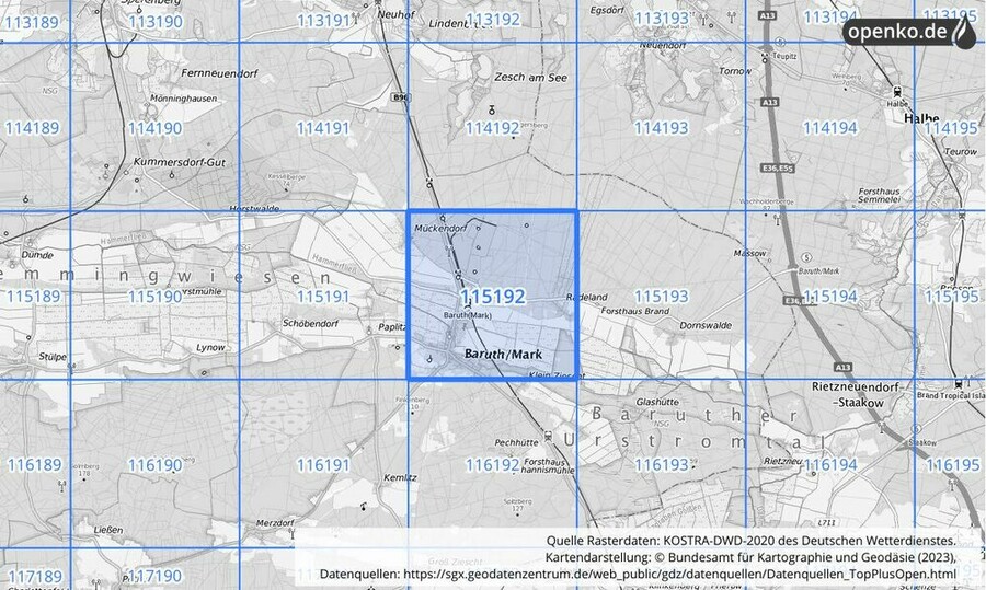 Übersichtskarte des KOSTRA-DWD-2020-Rasterfeldes Nr. 115192