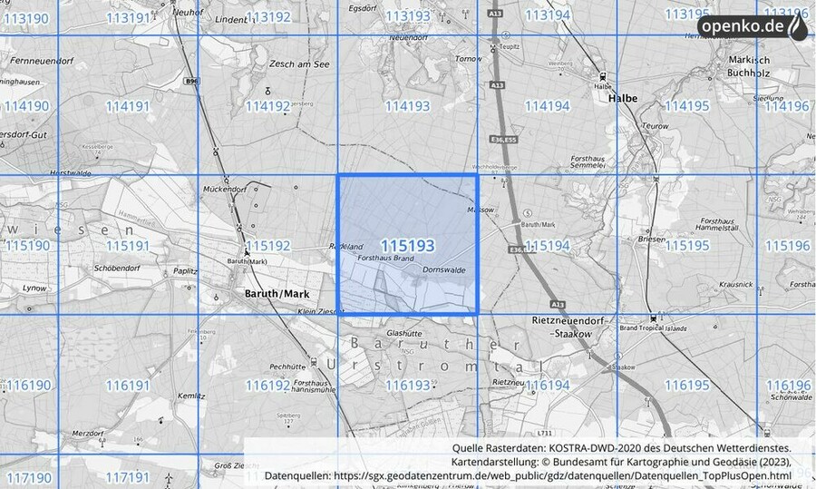 Übersichtskarte des KOSTRA-DWD-2020-Rasterfeldes Nr. 115193