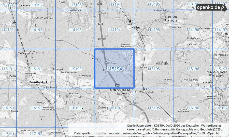 Übersichtskarte des KOSTRA-DWD-2020-Rasterfeldes Nr. 115194